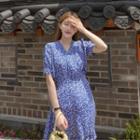 Wrap-front Floral Print Dress Blue - One Size