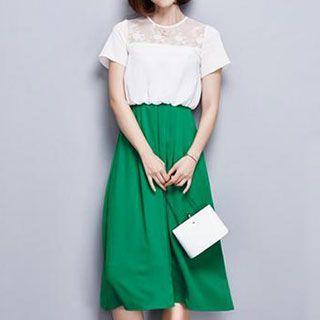 Mock Two-piece Short-sleeve Midi Chiffon Dress