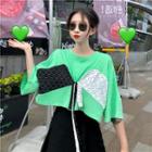 3/4-sleeve Paneled Ribbon Cropped T-shirt