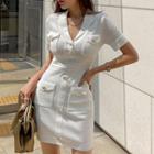 Short-sleeve Notch Lapel Knit Mini Sheath Dress White - One Size
