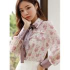 Satin-panel Frilled Floral Blouse With Sash