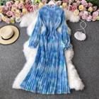 Tie-dyed Lapel Pleated Chiffon Maxi-dress Blue - One Size