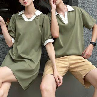 Couple Matching Short-sleeve Two-tone Mini Polo Dress / Polo Shirt / Shorts