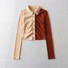 Collared Two-tone Shirred Cropped Cardigan