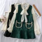 Set: Ruffled-hem Sleeveless Woolen Dress + Tie-neckline Plain Blouse