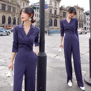 Pinstriped Wide Leg Shirt Jumpsuit