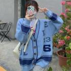 Long-sleeve Striped Lettering Button-up Cardigan Blue - One Size