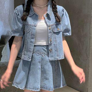 Short-sleeve Denim Crop Shirt / Pleated Mini A-line Skirt