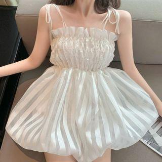 Striped Spaghetti Strap Mini A-line Dress White - One Size