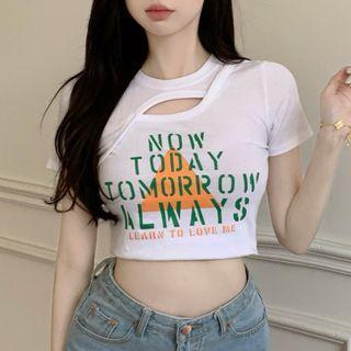 Short-sleeve Cutout Lettering Cropped T-shirt