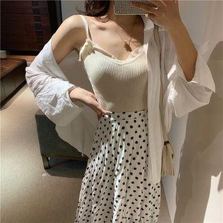 Plain Long-sleeve Blouse/plain Camisole Top/polka Dot High-waist A-line Skirt