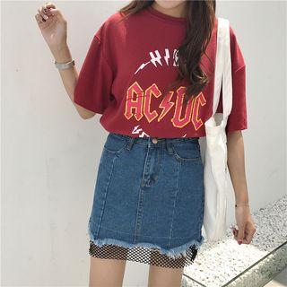 Fishnet Panel Frayed Hem Denim Skirt
