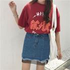 Fishnet Panel Frayed Hem Denim Skirt