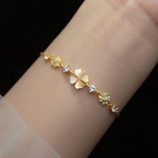 Clover Faux Cat Eye Stone Rhinestone Sterling Silver Bracelet 1 Pc - S925silver - One Size