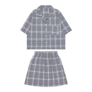 Set: Plaid Short-sleeve Shirt + A-line Skirt