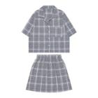 Set: Plaid Short-sleeve Shirt + A-line Skirt