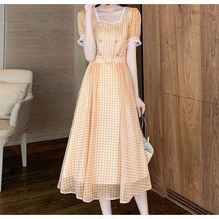 Short-sleeve Plaid Lace Hem Midi Dress
