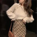 Fluffy Sweater / Plaid Mini A-line Skirt