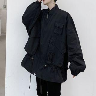 Plain Drawstring Over-sized Lapel Jacket With Front Pocket