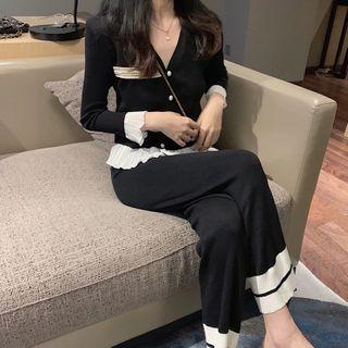 Set: Contrast Trim Ruffled Cardigan + Pants