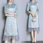 3/4-sleeve Floral Print Midi Qipao Dress