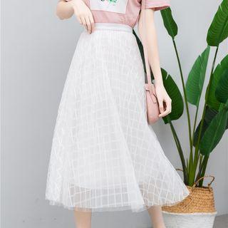 Plaid Midi A-line Mesh Skirt