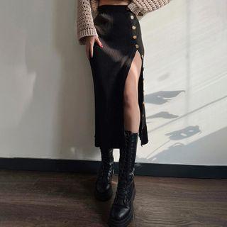 High Waist Button-up Knit Midi Skirt