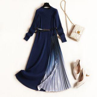 Long-sleeve Pleated Maxi A-line Dress