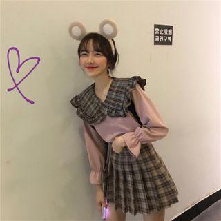 Long-sleeve Plaid Sailor Collar Top / Pleated A-line Mini Skirt