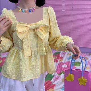 Square Neck Bow Accent Blouse Light Yellow - One Size