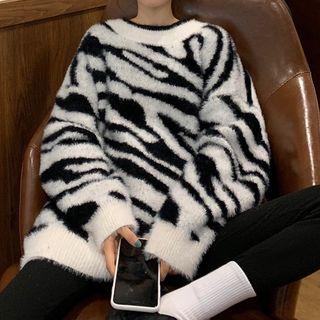 Zebra Print Furry Sweater White - One Size