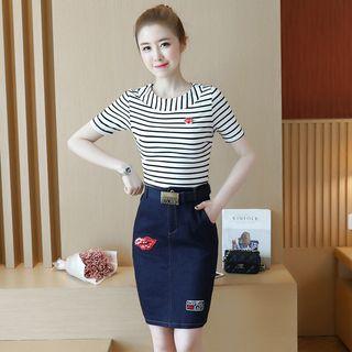 Set: Stripe Short-sleeve T-shirt + Denim Mini Skirt