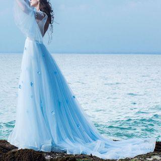 Flower Bell-sleeve Cold Shoulder A-line Evening Gown