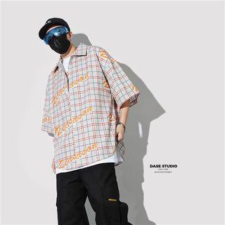 Elbow-sleeve Letter Plaid Shirt