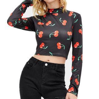 Long-sleeve Cherry Print Mesh Crop Top