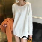 Plain Round-neck Ripped Long-sleeve T-shirt White - One Size
