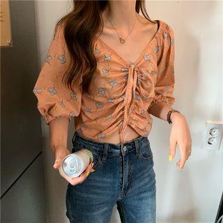 Floral Print Drawstring Elbow-sleeve Blouse