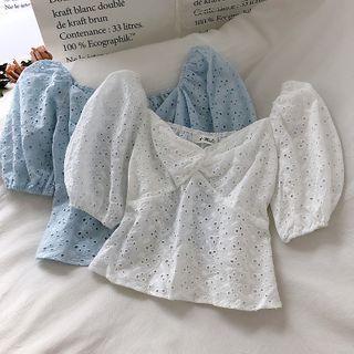 Plain Knotted Puff-sleeve Blouse