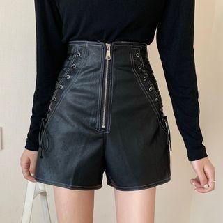High-waist Zipped Faux Leather Shorts