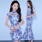 Short-sleeve Jacquard Qipao / Sheath Evening Gown