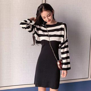 Set: Plain Tank Dress + Striped Knit Top Set Of 2 - Stripes - One Size