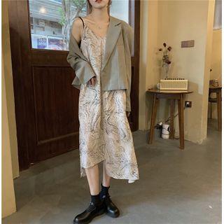 Spaghetti Strap Marble Print Midi A-line Dress / One-button Blazer