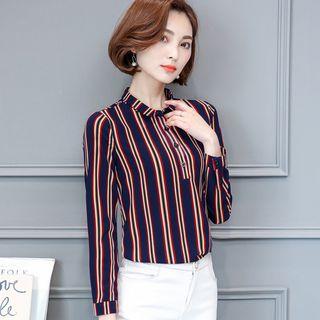Color Block Long-sleeve Chiffon Blouse