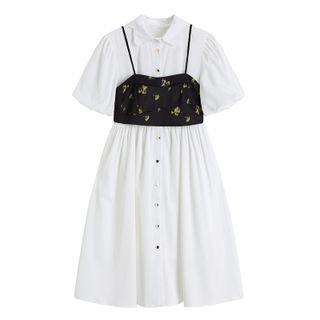 Set: Short-sleeve Midi Shirt Dress + Floral Camisole Top
