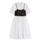 Set: Short-sleeve Midi Shirt Dress + Floral Camisole Top