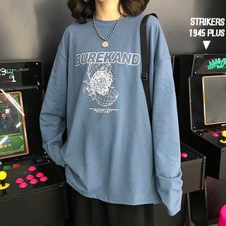 Long-sleeve Print T-shirt Grayish Blue - One Size