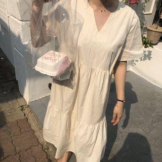 Plain Frilled V-neck Dress