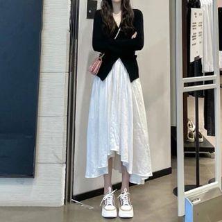 Set: V-neck Button-up Cardigan + Asymmetrical Midi Skirt