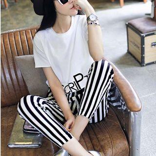 Set: Short-sleeve Lettering T-shirt + Striped Pants
