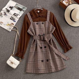 Set: Ruffle Shirt + Plaid Strappy A-line Dress